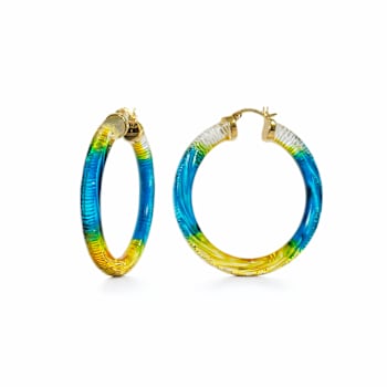 14K Yellow Gold Over Sterling Silver Painted Hoops in Blue and Yellow