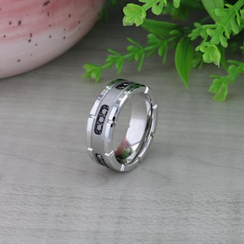 VALOR Grooved Tungsten Ring with Silver Inlay & Black Diamonds - 8mm