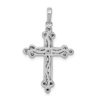 Rhodium Over 14k White Gold Diamond Filigree Budded Cross Pendant
