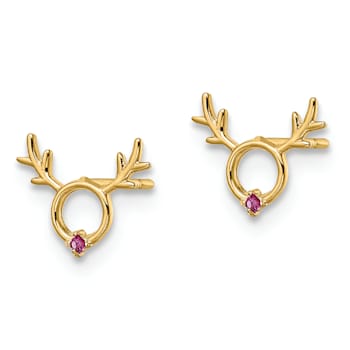 14K Yellow Gold Red Cubic Zirconia Reindeer Post Earrings
