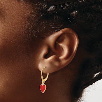 14K Yellow Gold Polished Enameled Heart Dangle Earrings