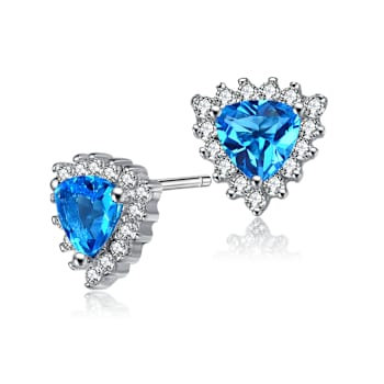 Blue Topaz Color CZ Triangle Stud Earrings In Sterling Silver