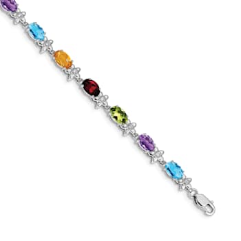 Rhodium Over 14k White Gold Rainbow Floral Gemstone and Diamond Bracelet