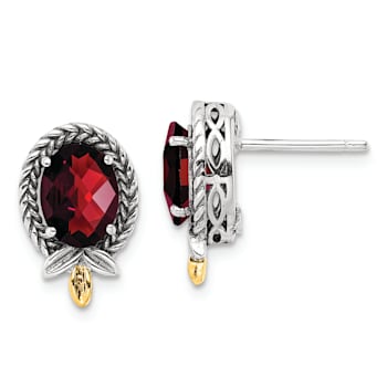 Sterling Silver with 14K Accent Antiqued Braided Oval Garnet Post Earrings