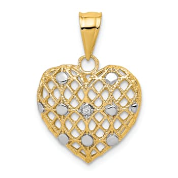 14k Yellow Gold and Rhodium Over 14k Yellow Gold Textured Diamond Heart Pendant