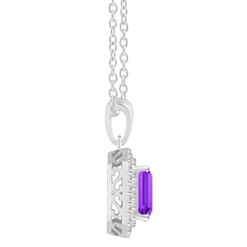 8x6mm Emerald Cut Amethyst And White Topaz Rhodium Over Sterling Silver
Double Halo Pendant w/Chain
