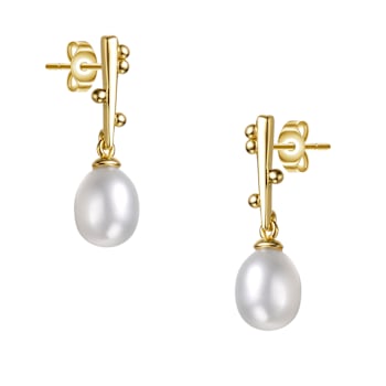Linear Pearl And CZ Drop Earrings In 14K Gold Over Sterling Silver