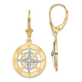 14k Yellow Gold and 14k White Gold Nautical Compass Dangle Earrings