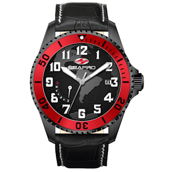 Seapro Men's Voyager Black Dial, Red Bezel, Black Leather Strap Watch