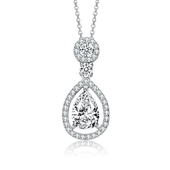 Pear Shape CZ Halo Drop Necklace In Sterling Silver