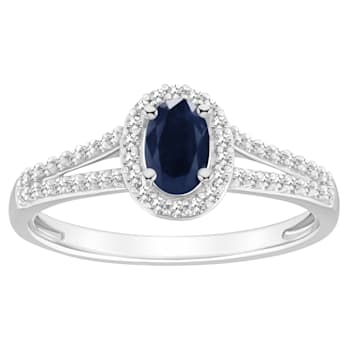 6x4mm Oval Sapphire 1/4 ctw Diamond Rhodium Over Sterling Silver Halo Ring