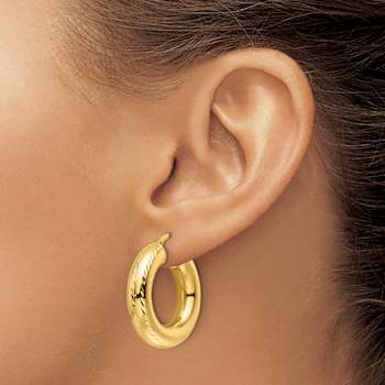 14k Yellow Gold Polished and Diamond-Cut 1 1/16" Round Hoop Earrings