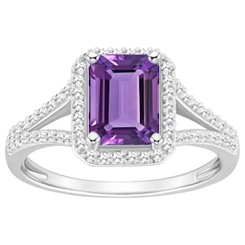 8x6mm Emerald Cut Amethyst 1/4 ctw Diamond Rhodium Over Sterling Silver
Halo Ring