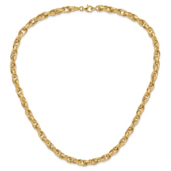 14K Yellow Gold Polished and Grooved Fancy Oval Link Necklace
