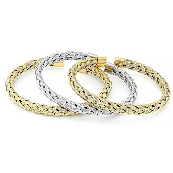 Two-Tone Woven Cuff Bracelet Set Of 3 6.7mm