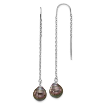 Rhodium Over Sterling Silver Black Tahitian Pearl Threader Earrings