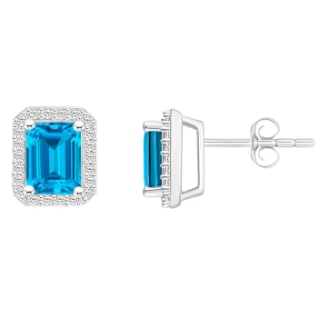 7x5mm Emerald Cut Blue Topaz And Created White Sapphire 10k White Gold
Halo Stud Earrings