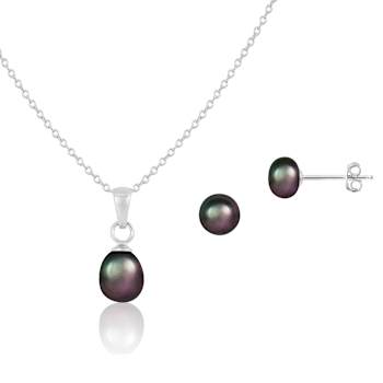 6mm Black Cultured Freshwater Pearl Rhodium Over Sterling Silver Pendant
& Earring Set