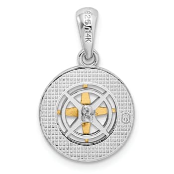 Rhodium Over Sterling Silver Polished Mini Compass with 14k Yellow Gold
Needle Pendant