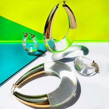 14K Yellow Gold Over Brass Acrylic XL Clear Chunky Bucket Hoop Earrings