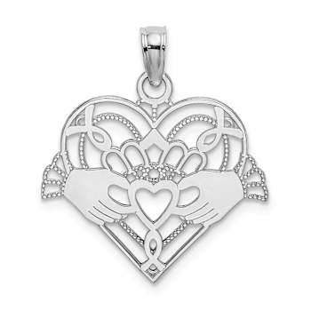 Rhodium Over 14k White Gold Polished and Textured Beaded Claddagh In
Heart Charm