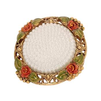 Gold Tone Faux Pearl Red Flower Round Brooch