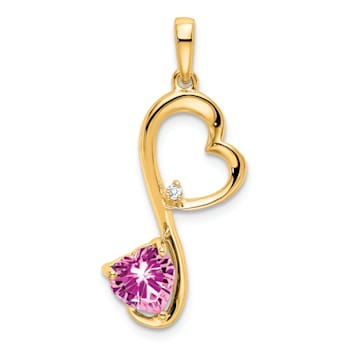 14k Yellow Gold Lab Created Pink Sapphire and Diamond Heart Pendant