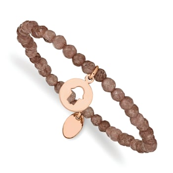 Rose Stainless Steel Polished Hamsa Brown Jade Stretch Bracelet