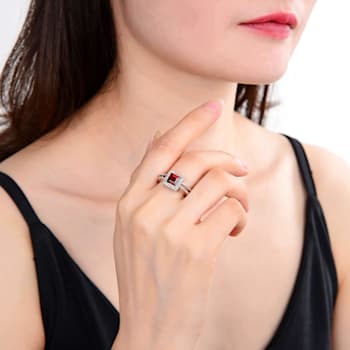 Garnet with White Topaz Accents Sterling Silver Halo with Split Shank Ring