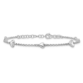 Rhodium Over Sterling Silver Polished Hearts 7 Inch with 1 Inch Extender Bracelet