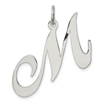Rhodium Over Sterling Silver Fancy Script Letter M Initial Charm