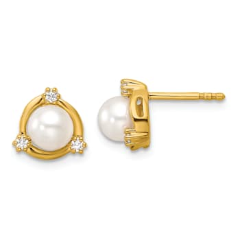 14K Yellow Gold Lab Grown Diamond and Freshwater Cultured Pearl Post Earrings