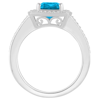 7mm Cushion Blue Topaz 1/4 ctw Diamond Rhodium Over Sterling Silver Halo Ring