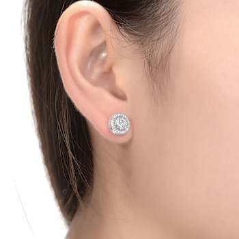 CZ Halo Stud Earrings In Rhodium Over Brass