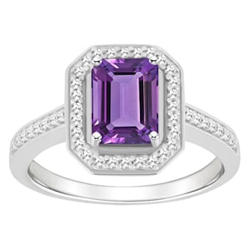 8x6mm Emerald Cut Amethyst 1/5 ctw Diamond Rhodium Over Sterling Silver
Halo Ring
