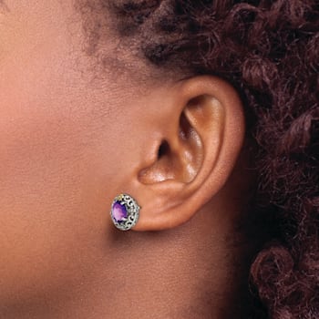 Sterling Silver Antiqued with 14K Accent Amethyst Post Earrings