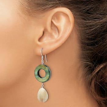 Sterling Silver Polished Jadeite and Green Mother of Pearl Dangle Earrings