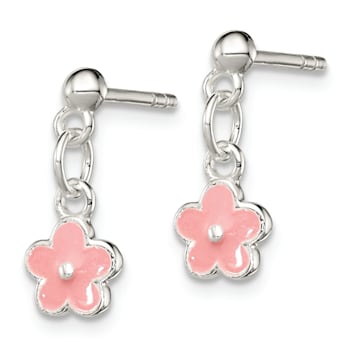 Sterling Silver Pink Enamel Flower Children's Post Dangle Earrings