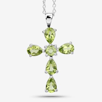 Green Peridot Rhodium Over Sterling Silver Cross Pendant With Chain