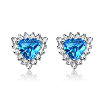 Blue Topaz Color CZ Triangle Stud Earrings In Sterling Silver