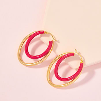 14K Gold Over Sterling Silver Double Oval Enamel Hoops in Pink