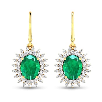 3.06ctw 14K Yellow Gold  Zambian Green Emerald and White Diamond Halo Earrings
