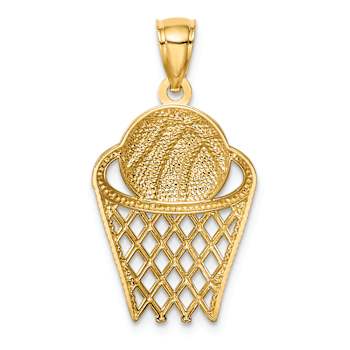14k Yellow Gold Basketball in Hoop Pendant