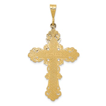 14k Yellow Gold Textured Fleur De Lis Cross Pendant