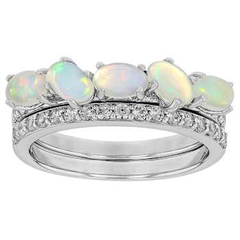 Opal And Zircon Stackable Ring Set In Sterling Silver 1.09ctw