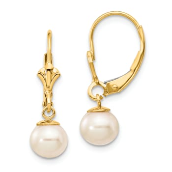 14K Yellow Gold 6-7mm White Round Freshwater Cultured Pearl Leverback Earrings