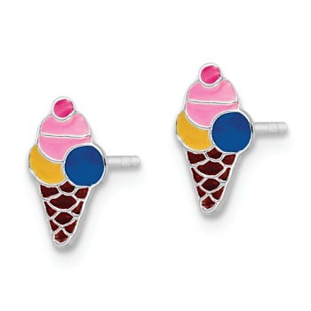 Rhodium Over Sterling Silver Enamel Kids Ice Cream Cone Post Earrings