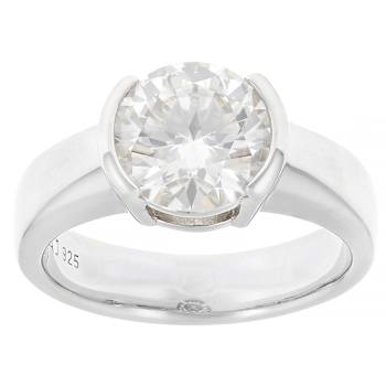 Round Moissanite Solitaire Ring In Platinum-Enhanced Sterling Silver