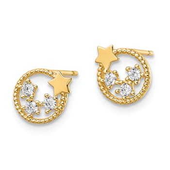 14k Yellow Gold Textured Cubic Zirconia Stars Stud Earrings