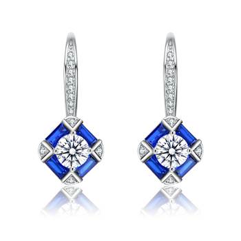 Square Blue Stone Drop Earrings In Sterling Silver